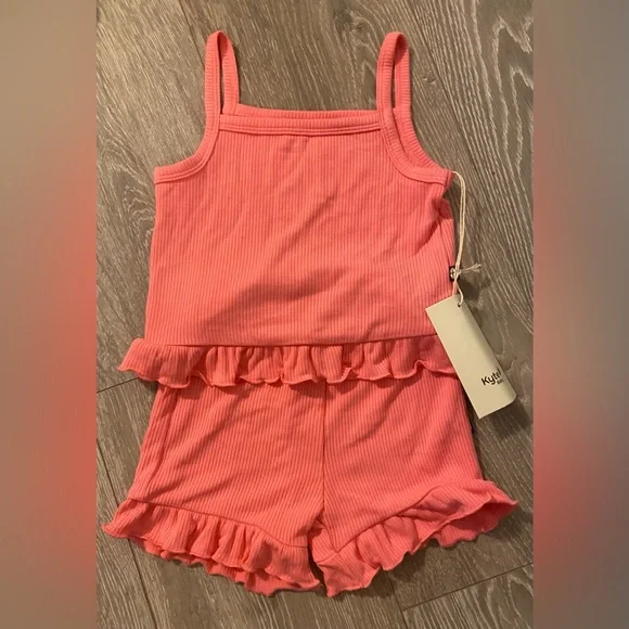 BNWT Kyte Baby Ribbed Ruffle Tank Set in Guava - Picture 4 of 7